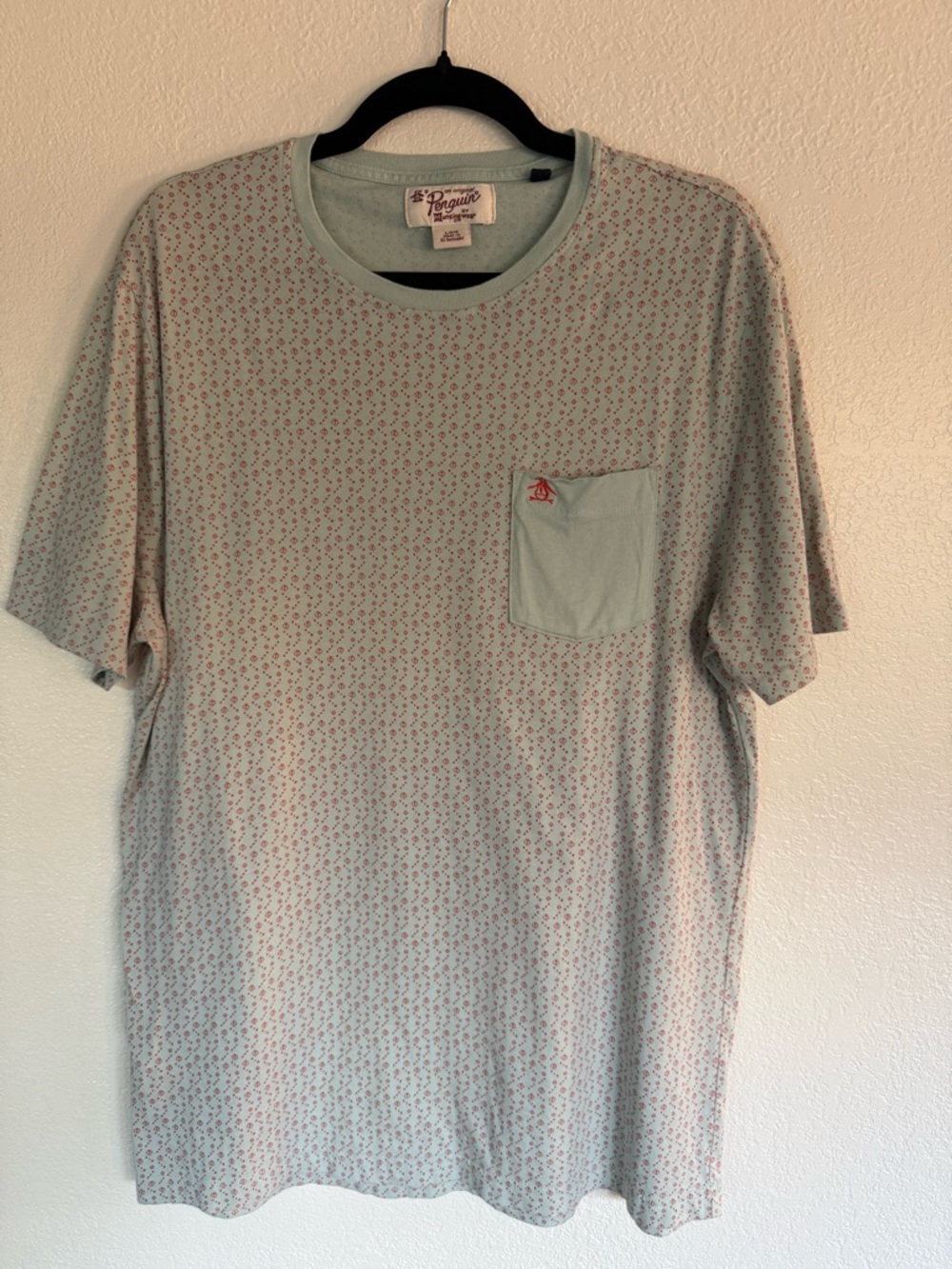 Original Penguin Men’s Light Green Short Sleeve Pocket Tee with Red Micro Print